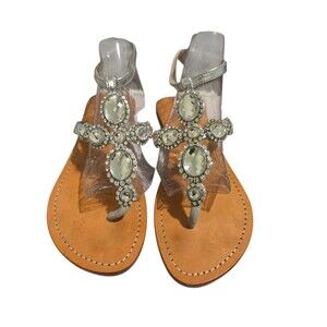 Mystique silver Rhinestones Beaded Thong Ankle Strap Sandals Women's sz 8